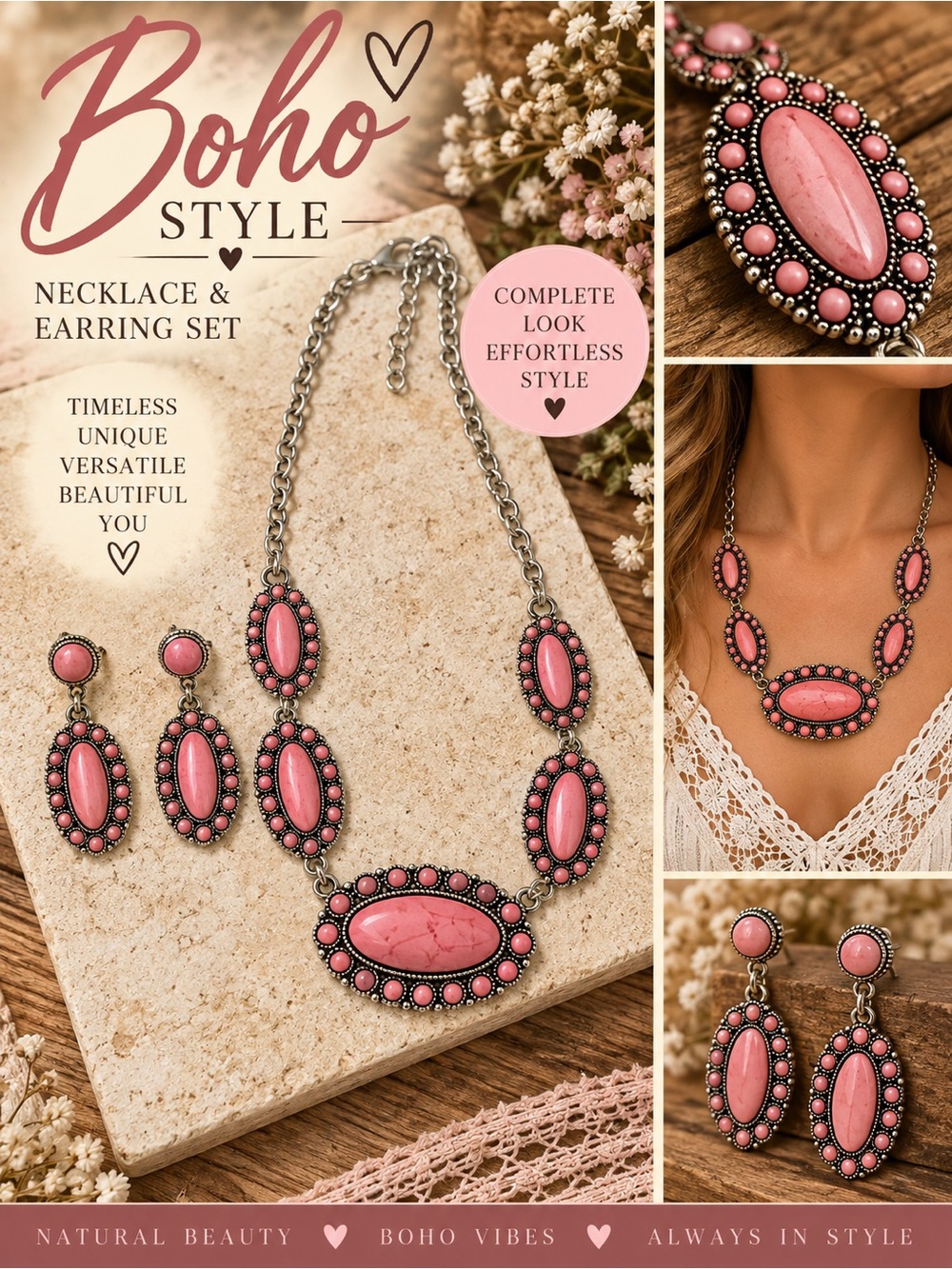 Boho Pink Stone Necklace & Earring Set by